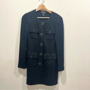 St. John Caviar Blazer Jacket Women Size 8 Black Wool Knit Long Wool Blend Gold